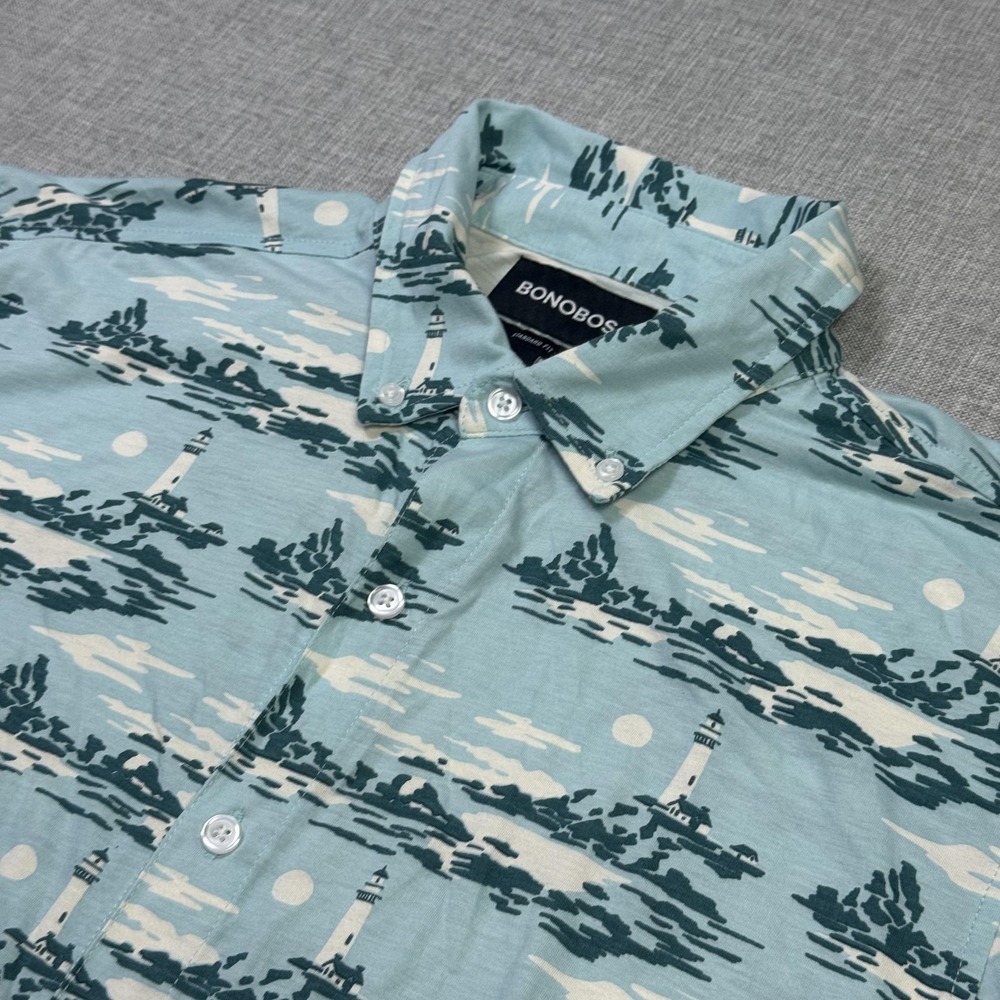 Bonobos Button-Up Lighthouse Shirt Mens M Blue Short Sleeve Collared Pima Cotton